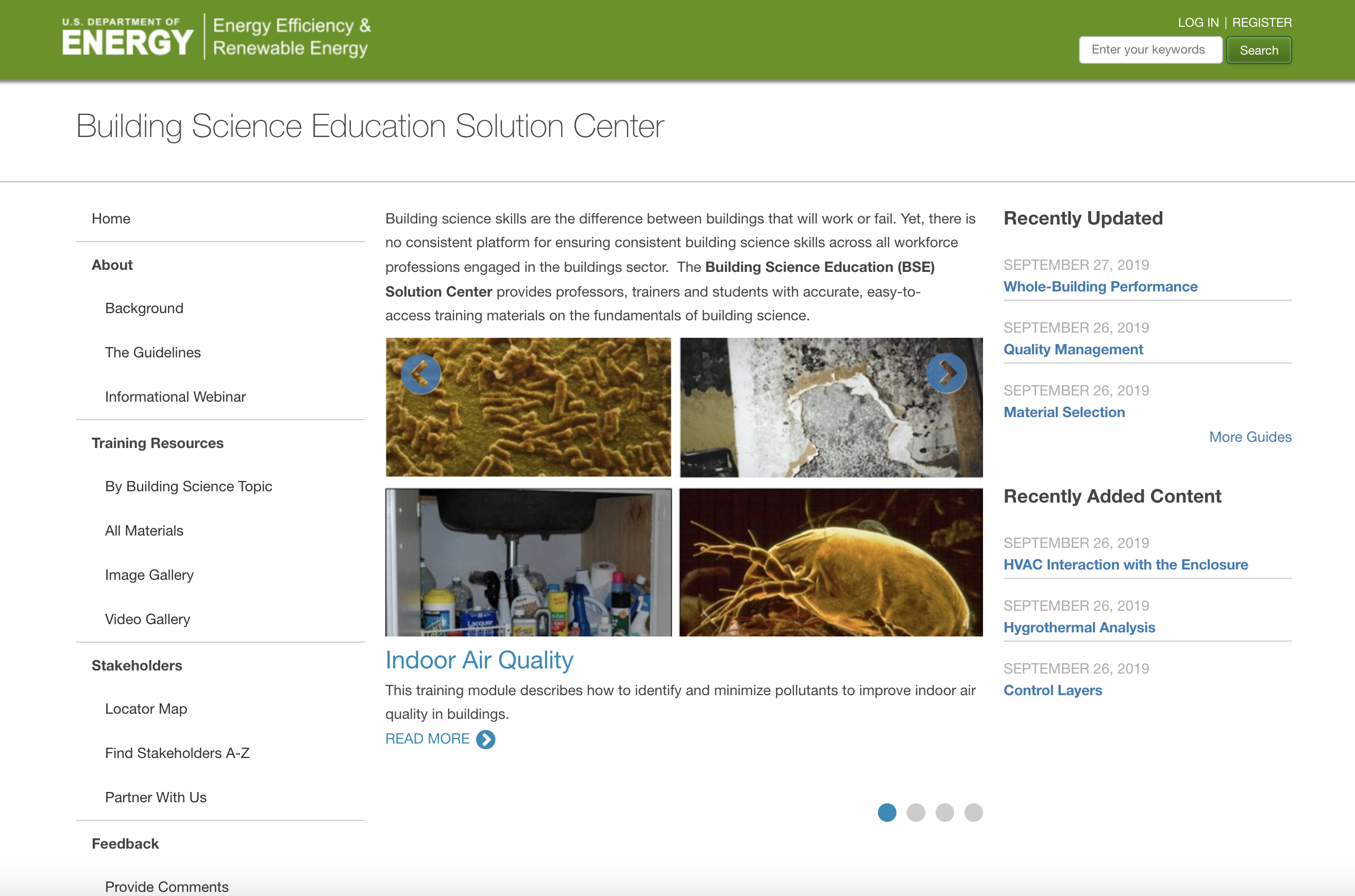 Screenshot of the Building Science Education Solution Center website.