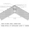 Connection of two SIP roof panels with beveled edges at roof ridge  with support for roof cantilever overhang