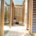 These folding louvered porch doors provide effective shade from low-angle east and west sunlight and can open for views; the photovoltaic panels overhead allow in filtered natural light