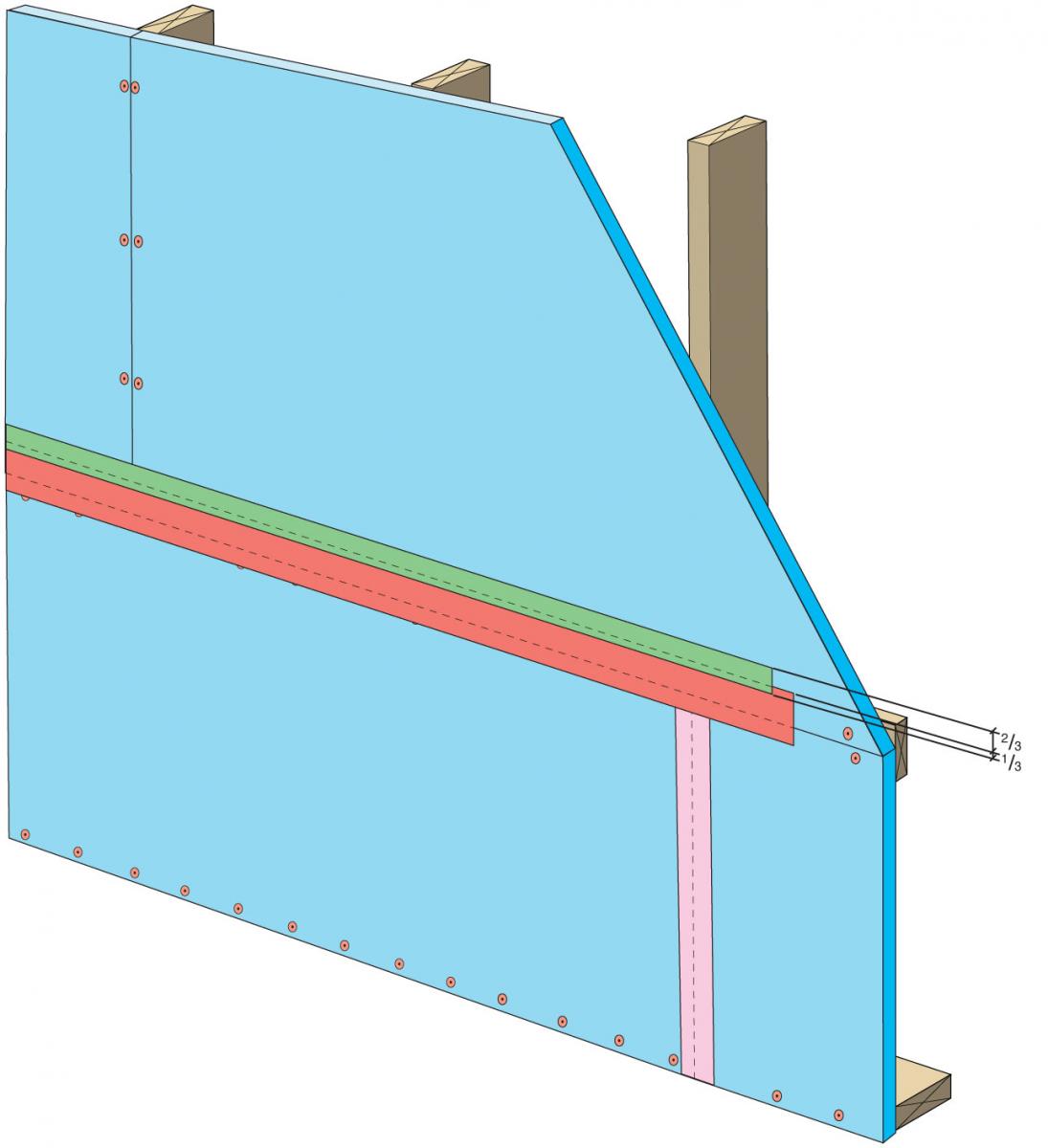 Terminate 4" tape with 2" wide tape offset high on the joint.