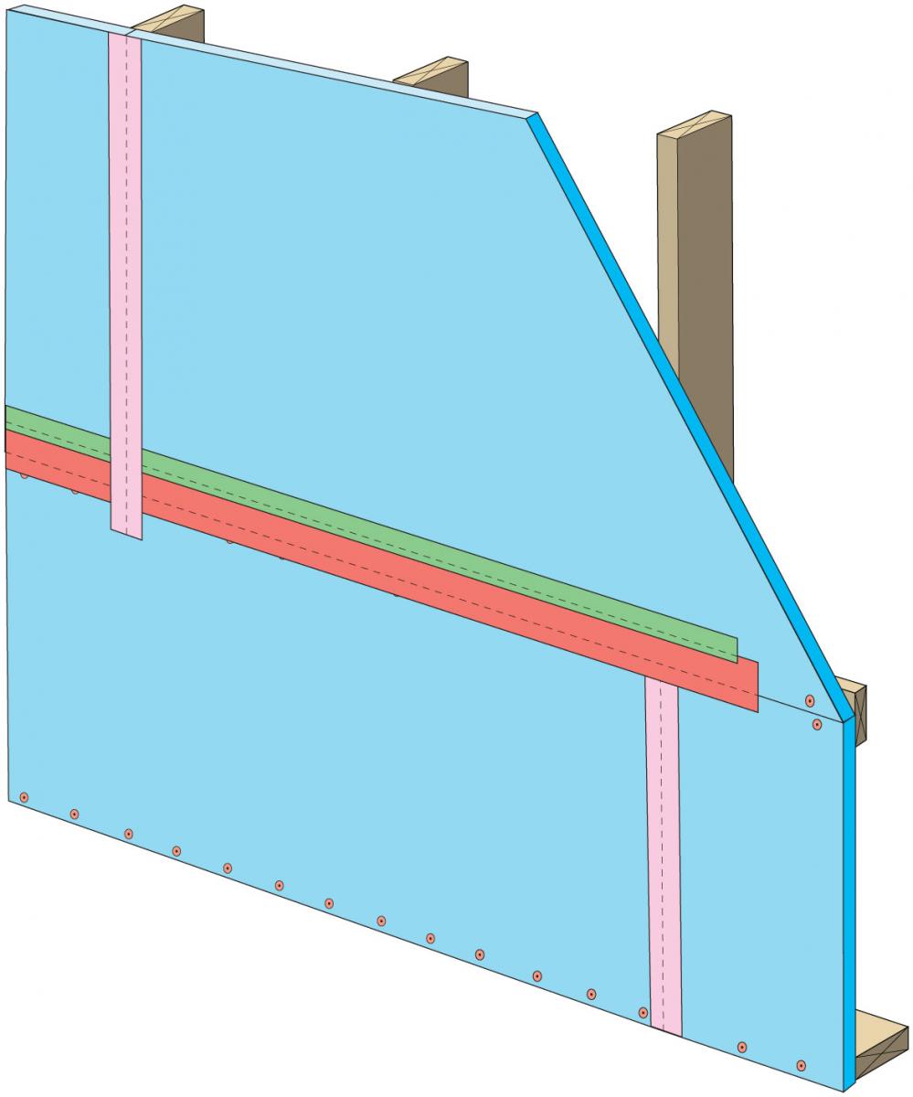 Clean taping areas and install 3" tape on vertical joint of upper insulation overlapping the horizontal joint.