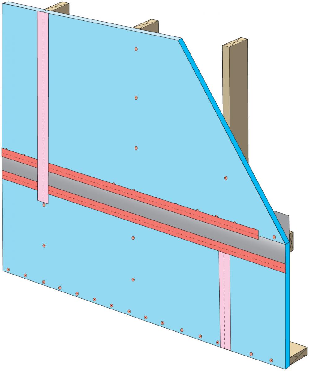 Clean taping areas, install 3" tape on vertical joint of upper insulation overlapping the horizontal joint. Press tape firmly to ensure adhesion.