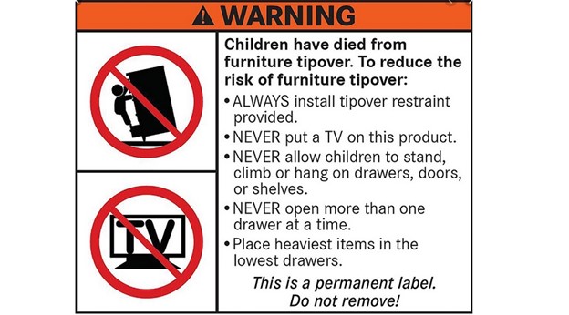 Label describing the dangers of improperly secured furniture