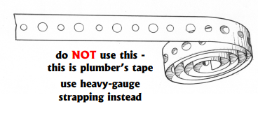 Plumber’s tape is to brittle to hold a water tank in an earthquake; use heavy-gauge metal strapping instead