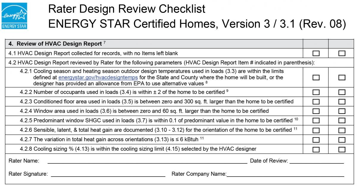 Information guide describing section 4 requirements in Version 3.0/3.1 Rev. 08 ENERGY STAR HVAC Rater Design Review Checklist.