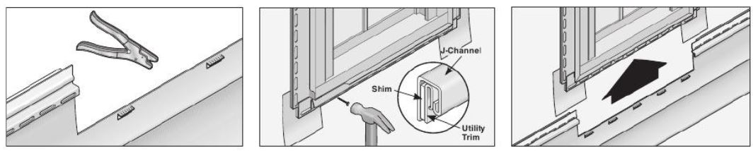 Cut siding to fit around windows, install shim as needed behind utility trim, and slide slide the panel up under the undersill until the lugs engage the utility sill.