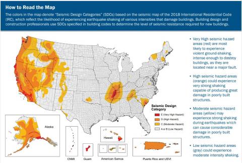 Seismic map of the 2018 International Residential Code adapted by FEMA to show Seismic Design Categories in color 