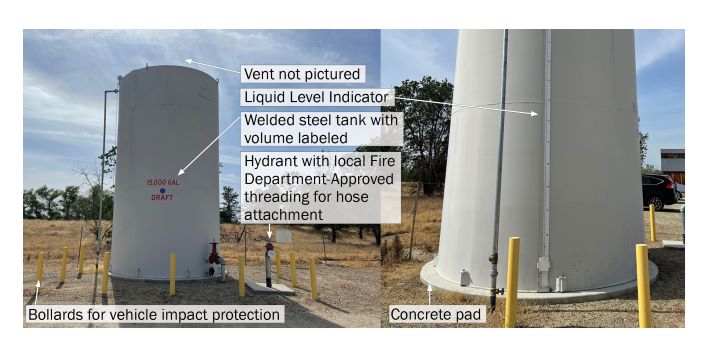 Above-ground welded-steel cistern with hydrant for fire engine hose hookup installed on private land for residential fire suppression 