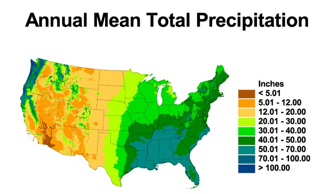 Annual mean precipitation across the U.S.