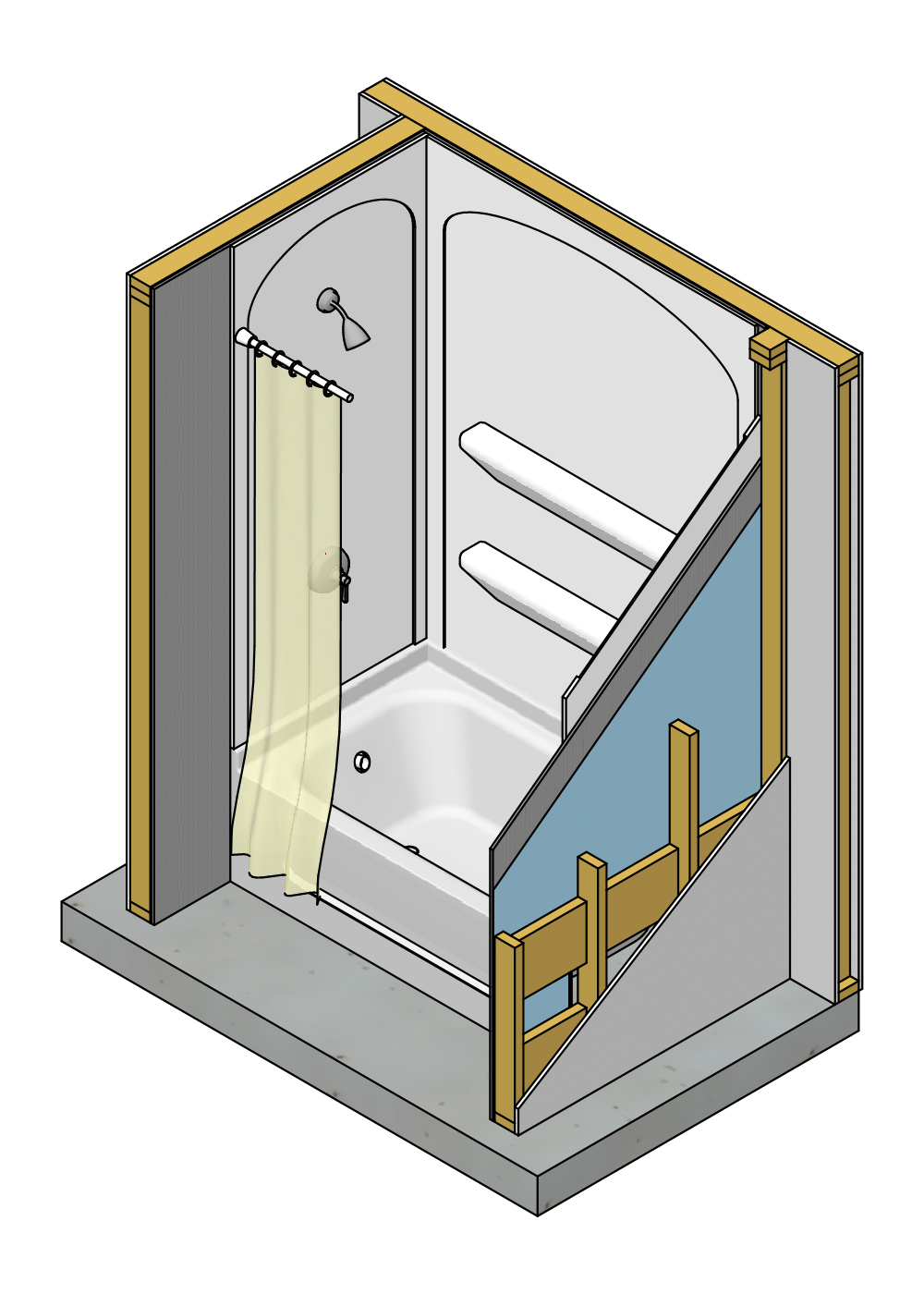 Цементная плита, установленная за плиткой и панелью для ванн и душевых кабин | Центр решений Building America
