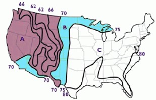 Evaporative cooling is most appropriate in areas where the summer design mean coincident wet bulb temperature is less than 70°F, shown in purple here and labeled as region 'A'.