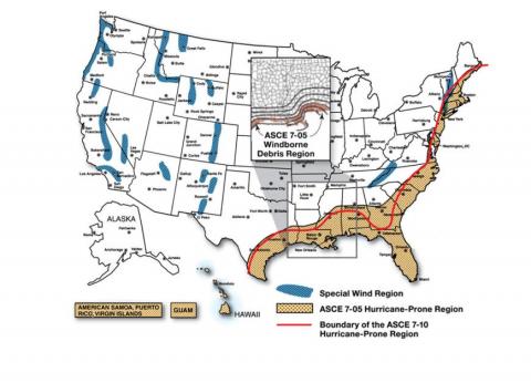 Hurricane-prone and special wind regions of the United States. 