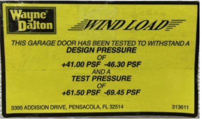 Garage Door Label showing design wind pressures.