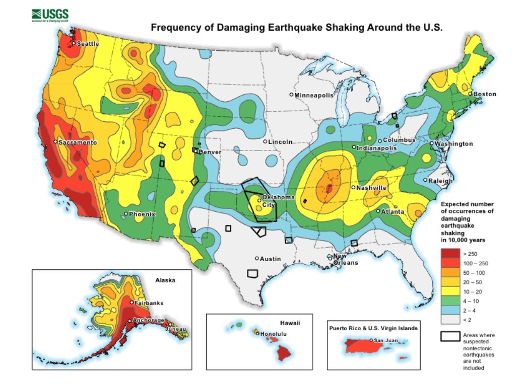 Probabilistic map of the expected number of damaging earthquakes around the United States, in a 10,000-year span.