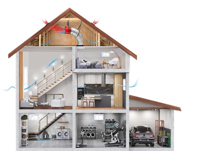 This whole-house fan is suspended from rafters and connected to the intake grille by a curved acoustic duct, greatly reducing vibration and noise in the occupied space