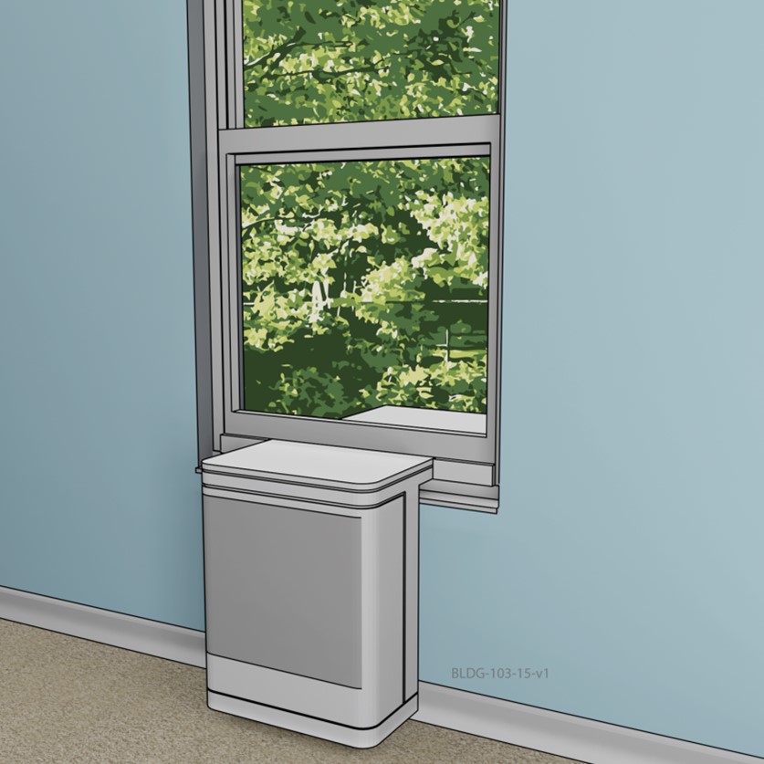 A saddle-style window air conditioner or heat pump hangs down from the sill allowing the window sash to come down nearly to the sill reducing heat loss and increasing the view out the window. 