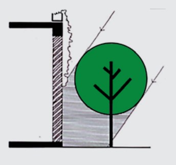 In hot climate zones, shade building surface with vegetation for passive cooling.