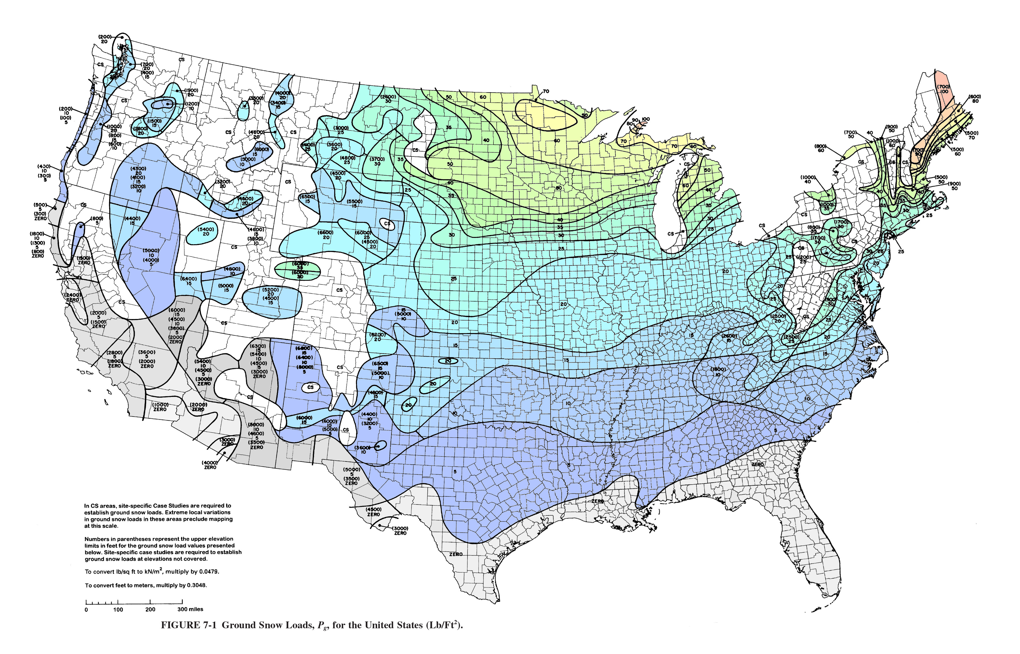 Design Snow Loads Map for the United States, adapted from ASCE 7-10, Figure 7-1.