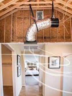 This whole house fan is suspended from rafters and connected to the intake grille by a curved insulated duct, greatly reducing vibration and noise in the occupied space