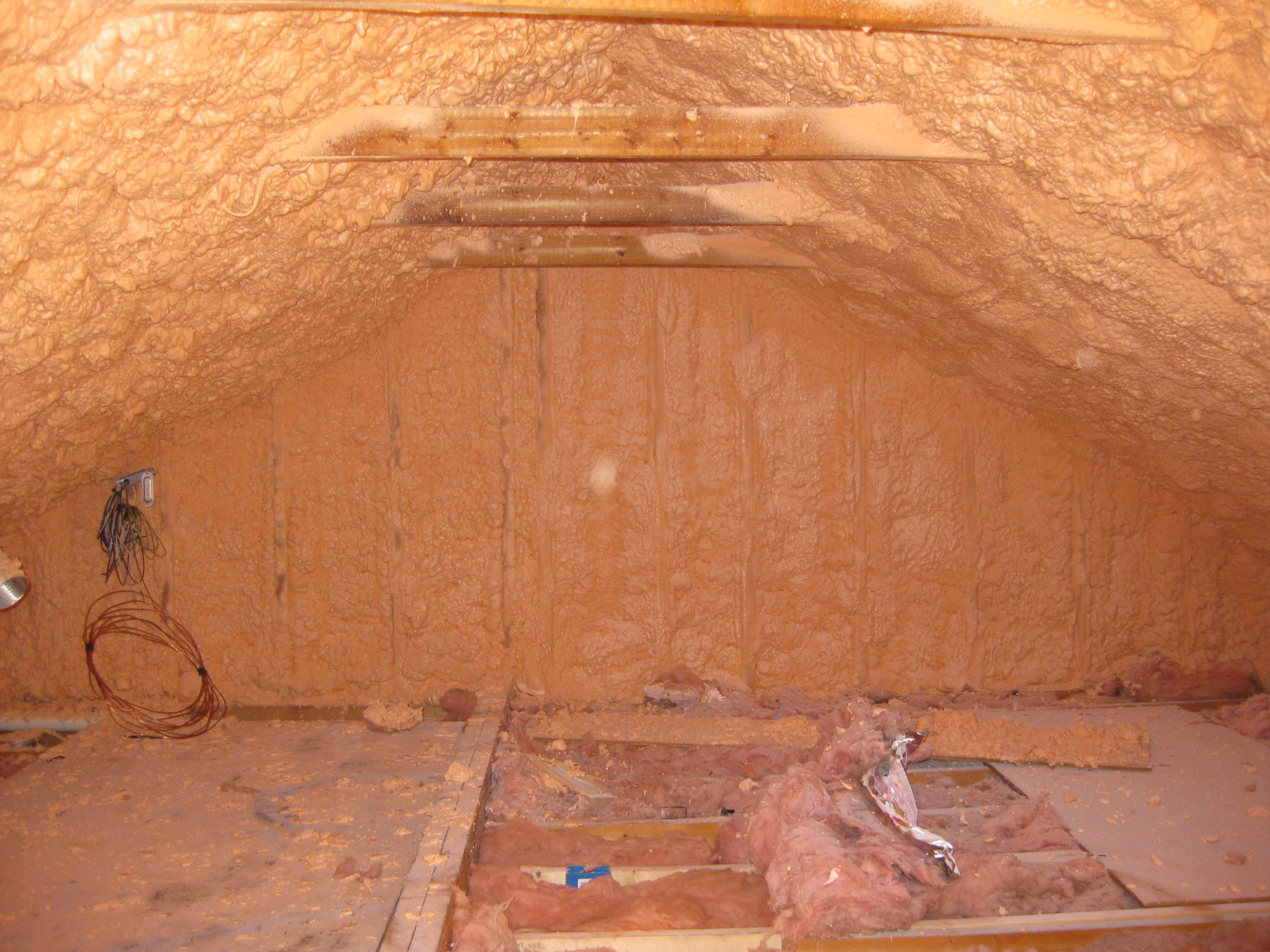 Spray foam was installed on the underside of the roof deck of this existing home.