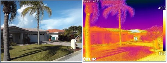 If a cool room is directly under an attic or roof, having lighter colored roofing (home on left) will reduce heat gain to the space as compared to darker roofing (home on right) because the temperature of the roof will be lower (see thermal image)
