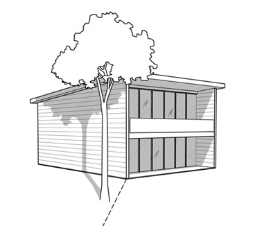 This house has key features to block heat such as such as tree shading for the west wall and roof, minimized west-facing windows, and a porch roof, floor, and wing walls creating deep architectural overhangs and fins to shade south-facing windows
