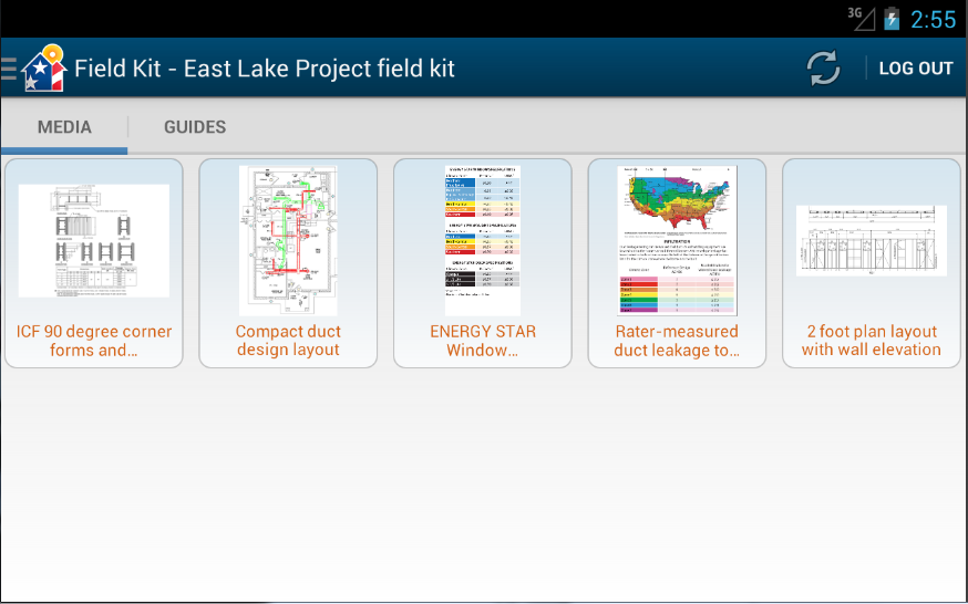 Screenshot of Building America mobile application, viewing a field kit with five media items.