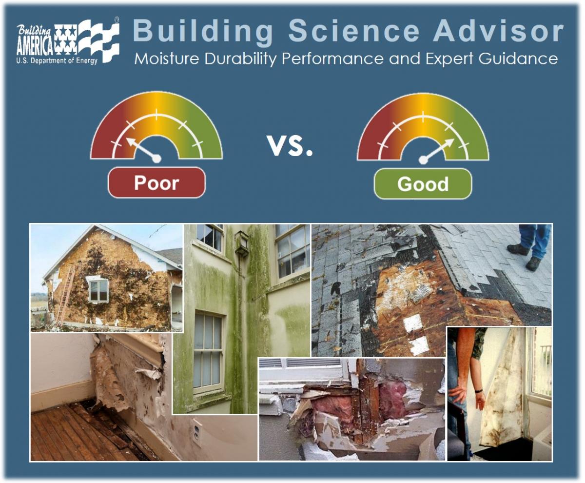 Building Science Advisor poster - shows photos of water damage and gauge illustrations of "poor vs. good"