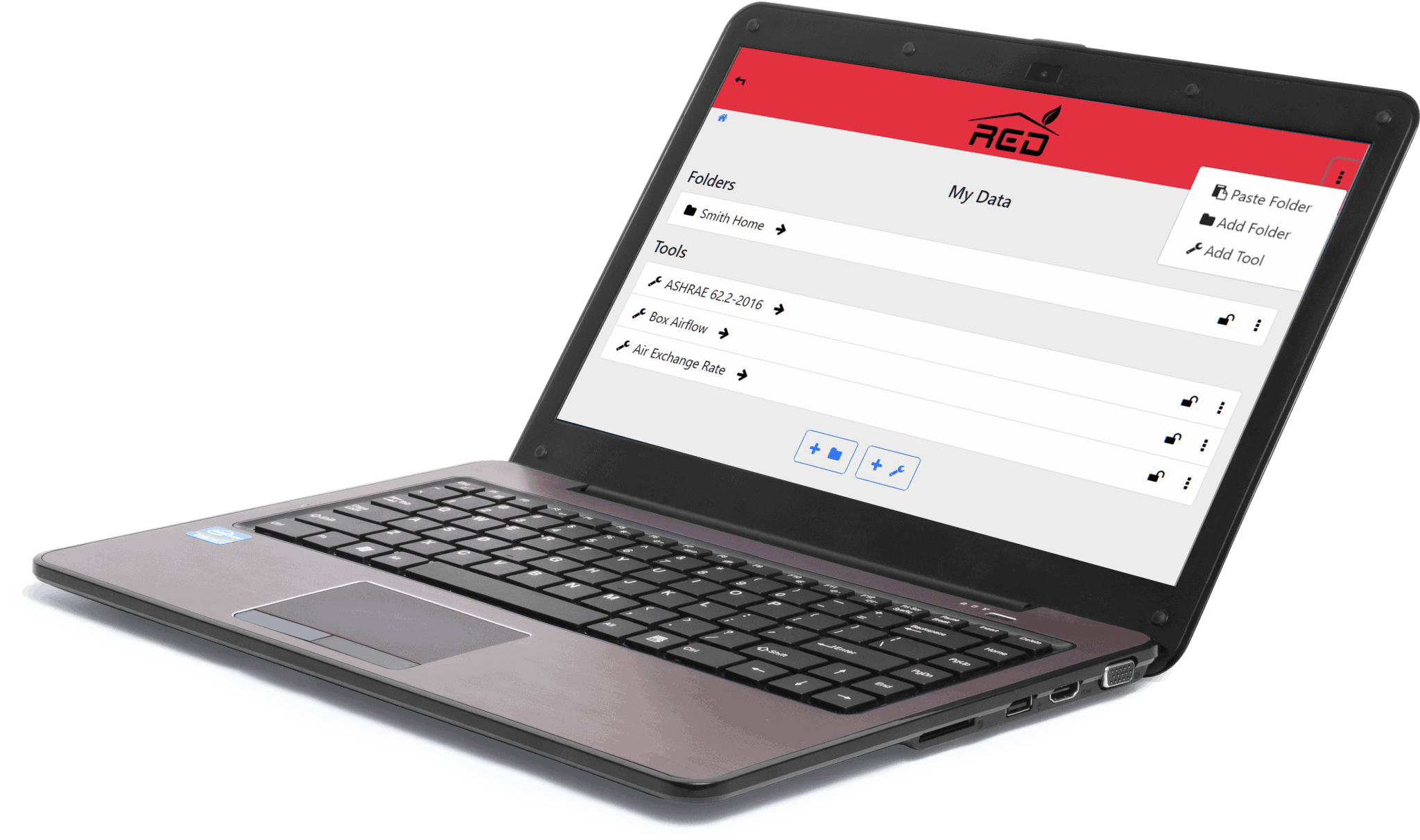 A laptop with the RED Calc tool on screen.