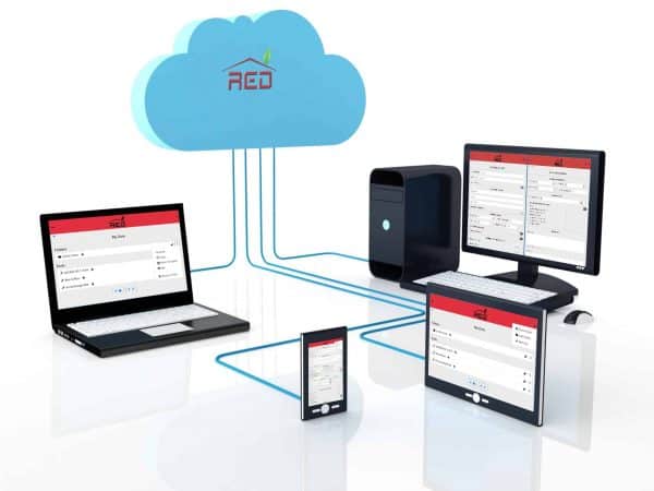 RED Calc Pro, as shown on multiple devices, connected to a cloud graphic.