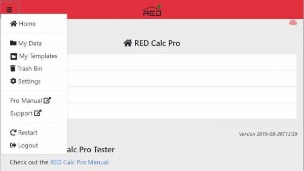 RED Calc Pro app main menu