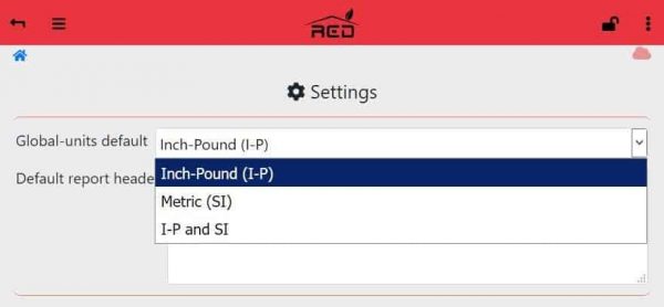 Settings Page showing the dropdown options for Global-units default