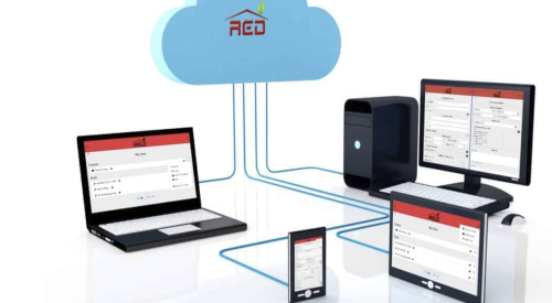 Graphic of various computers and mobile devices showing the RED Calc tool on their screen, all connected via wires to a cloud graphic with the RED Calc logo.