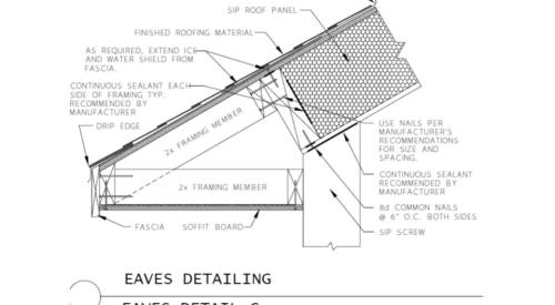 SIP roof panel detailing at the eaves with a framed overhang, a vertical fascia and soffit board