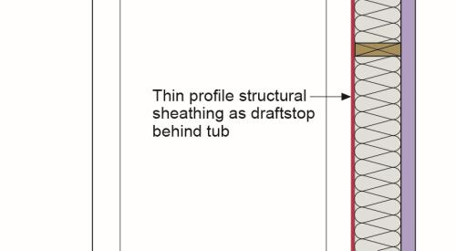 The rigid air barrier behind the tub is air sealed where the sheet good meets adjoining walls, on any seams in the air barrier sheathing, and between the drywall and framing on both sides of the tub
