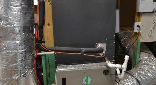 The high-efficiency air-to-air heat pump is set in an overflow pan with an emergency shut off sensor in case the condensate tube were to clog and cause condensate to fill up the pan.