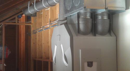 Right - A heat recovery ventilator supplies all living spaces with fresh air while transferring heat for energy savings.