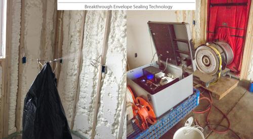 This aerosol sealant process seals off small leaks in the building envelope with tiny particles of nontoxic acrylic sealant that are sprayed into the air while the home is pressurized with a blower door kit. 