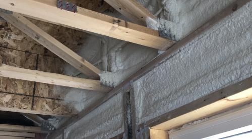 Right - Spray foam fills the walls and rim joists to air seal and insulate while caulk seals the framing joints.