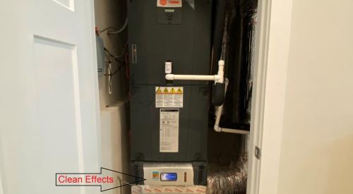 Right - This heat pump is located in a closet inside the home and all ducts are located within conditioned space between floors.
