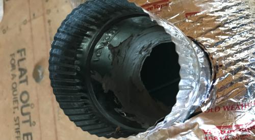 Wrong – the interior seam of the branch duct to trunk duct juncture is sealed with mastic but there are gaps around the exterior seam that should also be sealed with mastic or metal tape.