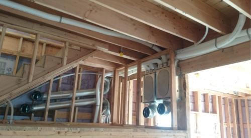 Right – This HRV is ducted separately from the home’s ductless heat pumps to provide filtered fresh air to sleeping and living areas and to exhaust stale air from the bathrooms and laundry.