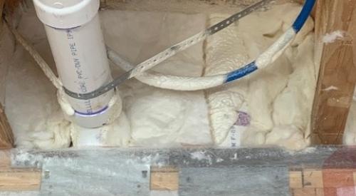 Wrong – When insulating with spray foam, care should be taken to completely fill areas around piping and other penetrations to avoid leaving air gaps. 