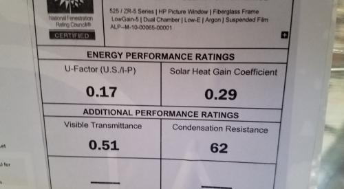 Right – This National Fenestration Rating Council (NFRC) label shows the insulation U-Factor, solar heat gain coefficient, visible transmittance, and condensation resistance for this triple-pane window.