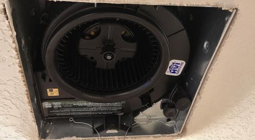 This fan was inserted into a cleanly cut hole in the ceiling so there is only a very narrow gap around the edges of the fan box that needs to be caulked or taped