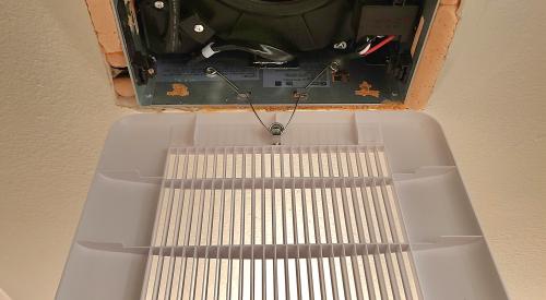 After air-sealing the exhaust fan box, re-install the fan, and lights if needed, and re-attach the cover