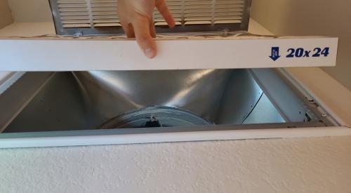 See the printing on the cardboard frame of the air filter for the filter dimensions and the arrow indicating airflow direction; the arrow should point into the duct.