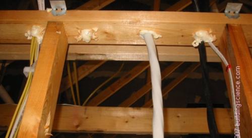 All holes through the top plates should be sealed with canned spray foam to prevent conditioned air from leaking into the attic.