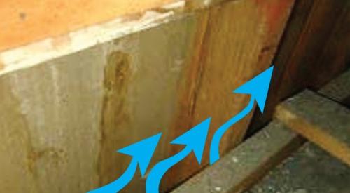 The stud cavities in this balloon-framed wall do not have blocking where the attic floor abuts it; this allows air to flow from inside the home to the attic above.