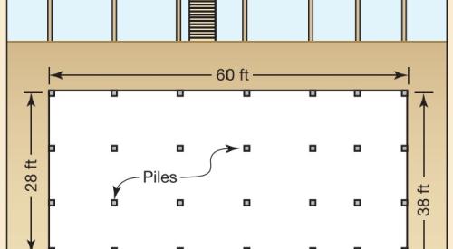 Building elevation and plan view of pile foundation for a coastal home.